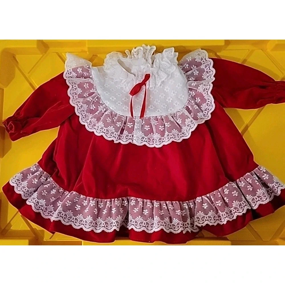 VTG 1980s Girls Holiday Long Sleeve Red Velvet Velour Lace Dress 24 Months USA